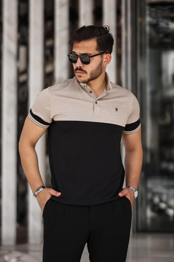 Miron Bej Siyah Kagi Ston Parçalı Polo Yaka Kısa Kollu Tişört- 2402 - Image 1
