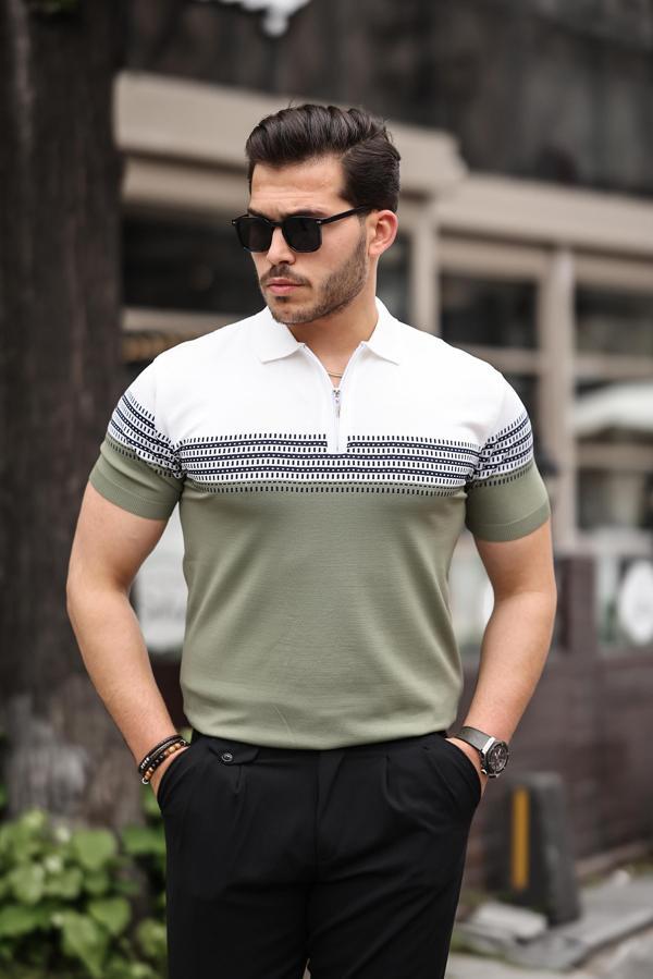Miron Haki Beyaz Fermuarlı Triko Polo Yaka Tişört- 2419 - Image 1