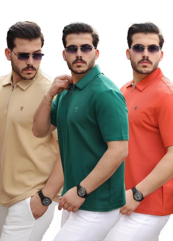 Miron Bej Nefti Kiremit Basic Fermuar Detaylı Üçlü Paket Polo Yaka Kısa Kollu Tişört 2516 - Image 1