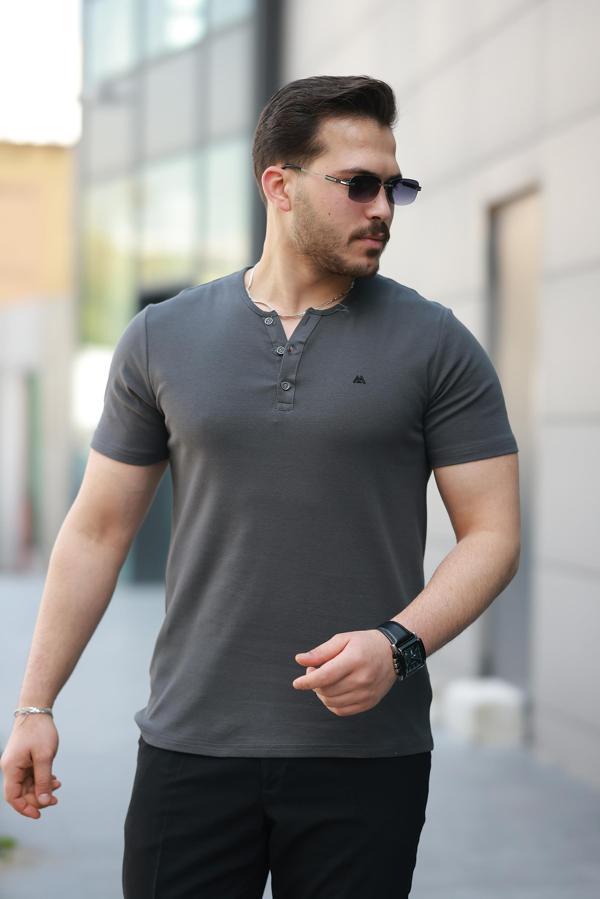 Miron Antrasit Önü Düğmeli Sıfır Yaka Kısa Kollu Regular Fit Tişört- 2510 - Image 1