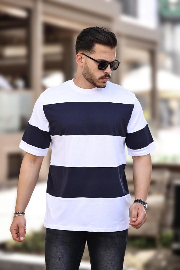 Miron İki Renk Kısa Kollu Tişört Oversize- Lacivert Beyaz- 2421 - Image 1