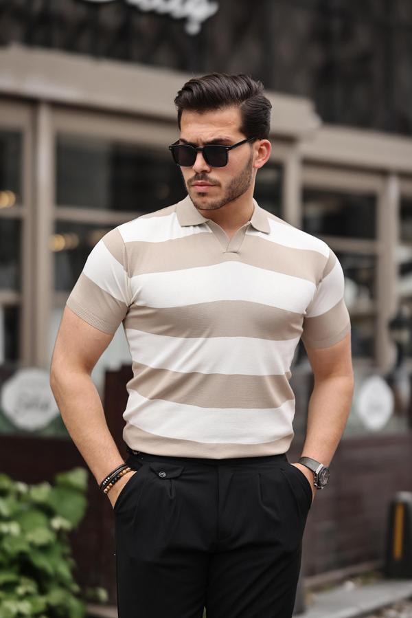 Miron Kamel Bej Triko Blok Parçalı Polo Yaka Tişört- 2417 - Image 1