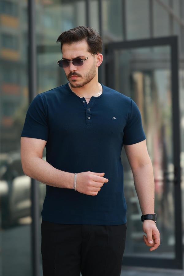 Miron Lacivert Önü Düğmeli Sıfır Yaka Kısa Kollu Regular Fit Tişört- 2510 - Image 1