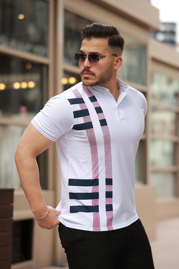 Miron Beyaz Baskı Detaylı Polo Yaka Kısa Kollu Tişört -2519 - Image 1
