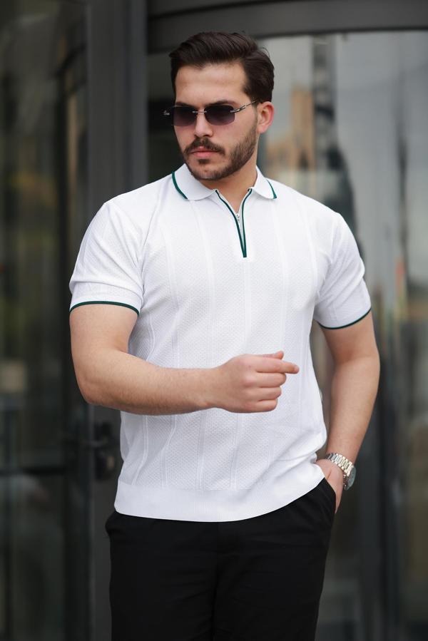 Miron Beyaz Petek Dokulu Fermuarlı Polo Yaka Triko Kısa Kollu Tişört 2511 - Image 1
