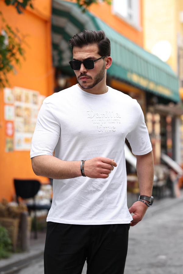 Miron Beyaz Ön Arka Nakışlı Oversize Kısa Kollu Tişört- 2422 - Image 1
