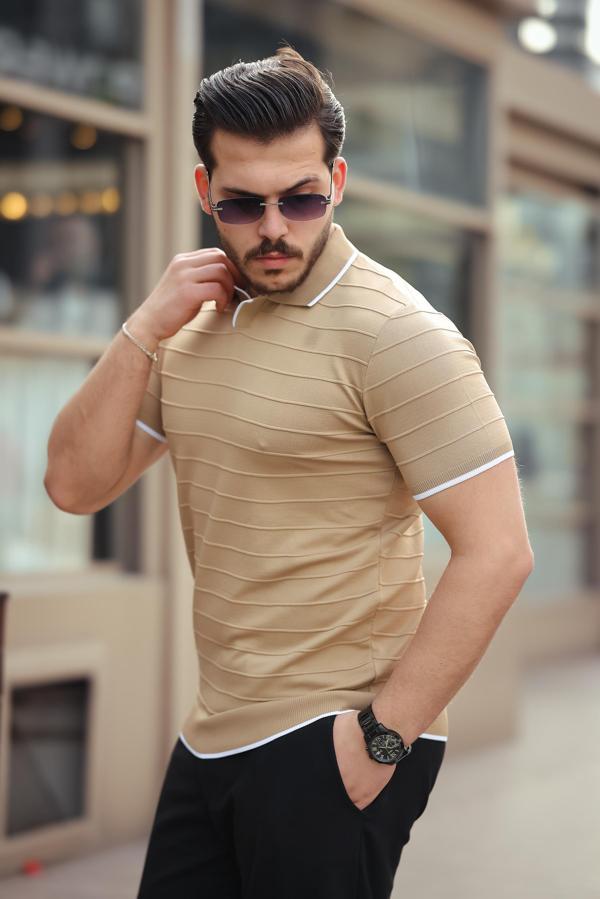 Miron Kamel Kabartma Çizgi Polo Yaka Triko Tişört- 2403 - Image 1