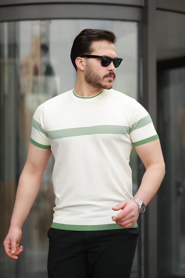 Miron Ekru Sıfır Yaka Çizgili Triko Tişört- 2418 - Image 1