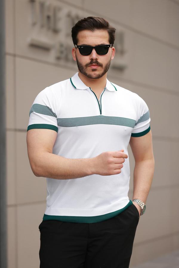 Miron Beyaz Çizgili ve Fermuar Detalı Polo Yaka Triko Kısa Kollu Tişört 2512  - Image 1