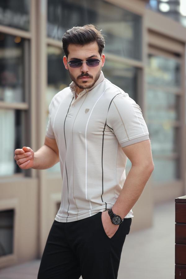Miron Bej Dikey Çizgili Polo Yaka Kısa Kollu Tişört- 2502 - Image 1