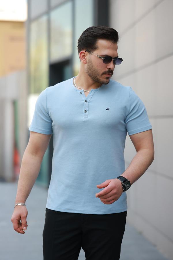 Miron Buz Mavisi Önü Düğmeli Sıfır Yaka Kısa Kollu Regular Fit Tişört- 2510 - Image 1
