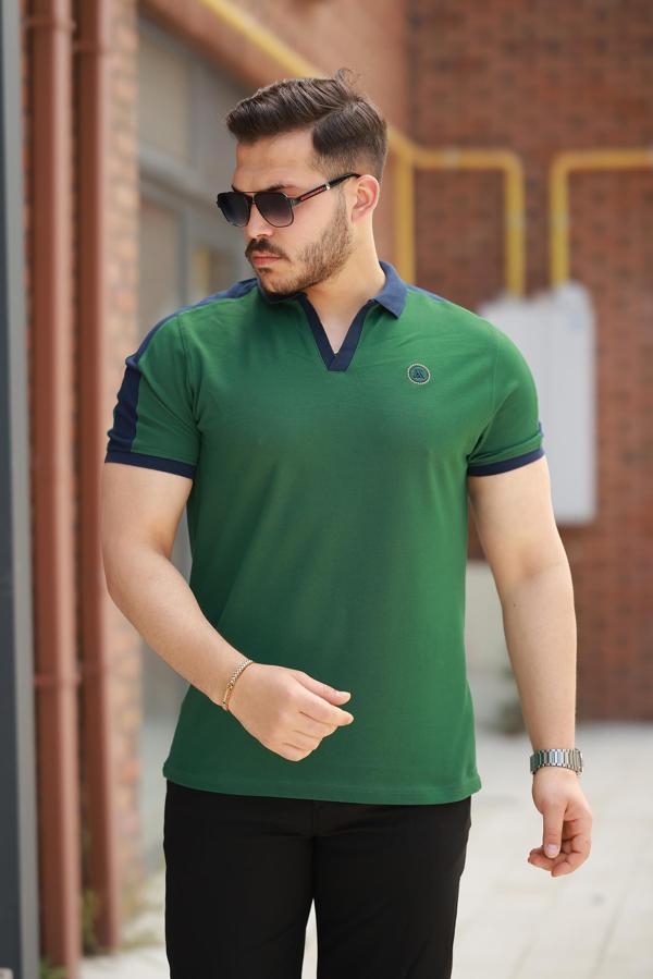 Miron Haki Nakışlı V Polo Yaka Kısa Kollu Tişört-2524 - Image 1