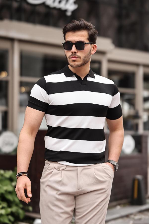 Miron Siyah Beyaz Triko Blok Parçalı Polo Yaka Tişört- 2417 - Image 1