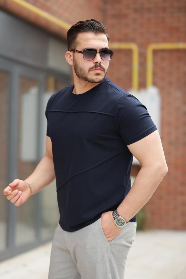 Miron Lacivert Parçalı Dikiş Detaylı Regular Fit Kısa Kollu Tişört -2523 - Image 1