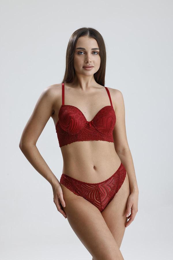 Destekli Dantel Detay Sütyen Takım | Bordo 667 - Image 1