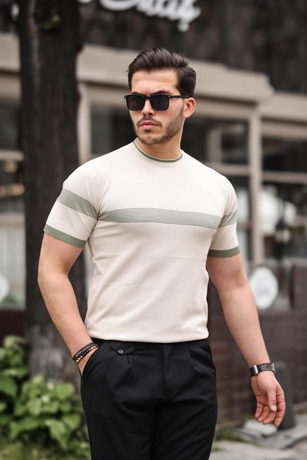 Miron Bej Sıfır Yaka Çizgili Triko Tişört- 2418 - Image 1