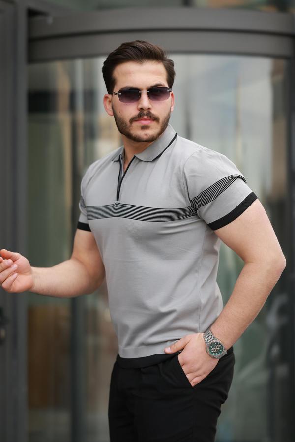 Miron Gri Çizgili ve Fermuar Detalı Polo Yaka Triko Kısa Kollu Tişört 2512  - Image 1