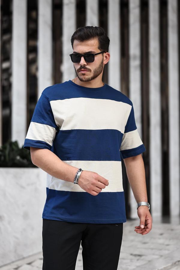 Miron İki Renk Kısa Kollu Tişört Oversize- Petrol- Bej- 2421 - Image 1
