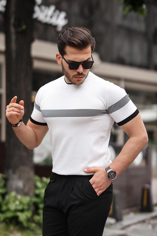 Miron Beyaz Sıfır Yaka Çizgili Triko Tişört- 2418 - Image 1