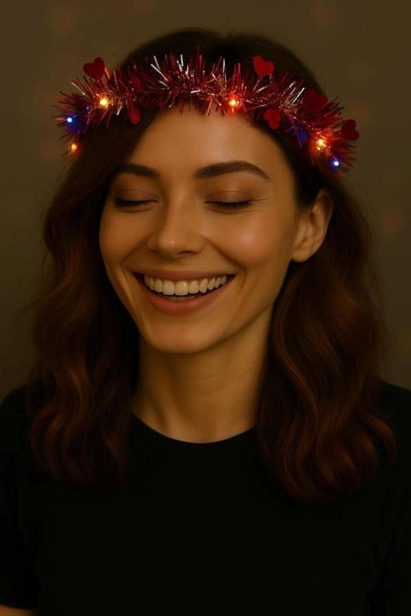 Nessiworld Kalp Püsküllü Gece Parıltısı 3 Modlu LED&#39;li Işıklı Taç Kırmızı Renk - Image 1