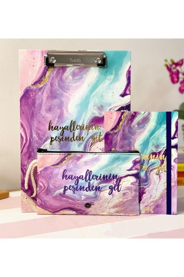 Hayallerinin Peşinden Git Tasarımlı Sekreterlik Kalemlik Mor Renk Lastikli Defter - Image 1