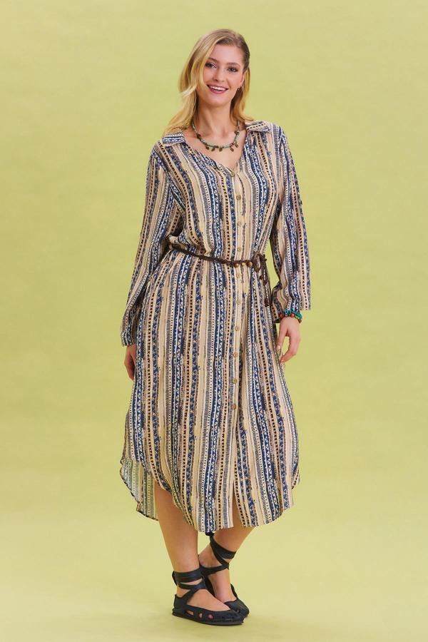 Gömlek Yaka Kemer Detaylı Bohem Elbise - Image 1