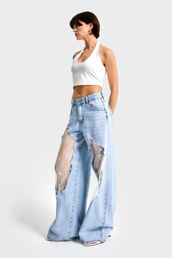 Kadın Kot rengi 12s5-27 Palazzo Fit Şeffaf Tül Dantel Detaylı %100 Koton Özel Tasarım Denim Jean - Image 1