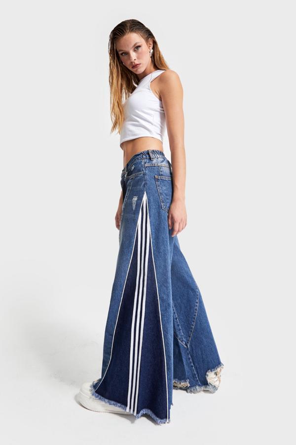 Kadın Kot Rengi Denim Parçalı Palazzo Fit Tasarım Denim - Image 1