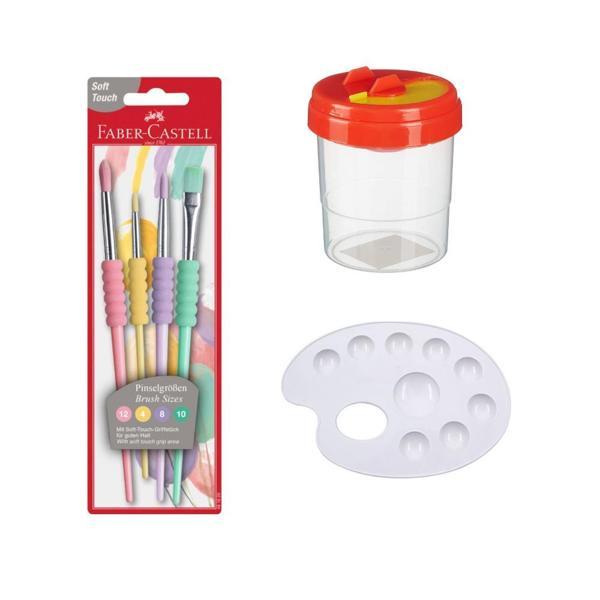 Fırça Seti 4 lü Pastel Renkli Fırça Temizleme Kabı ve Resim Paleti 1 Adet Faber Castell Fırça Takımı ve Resim Paleti Su  - Image 1