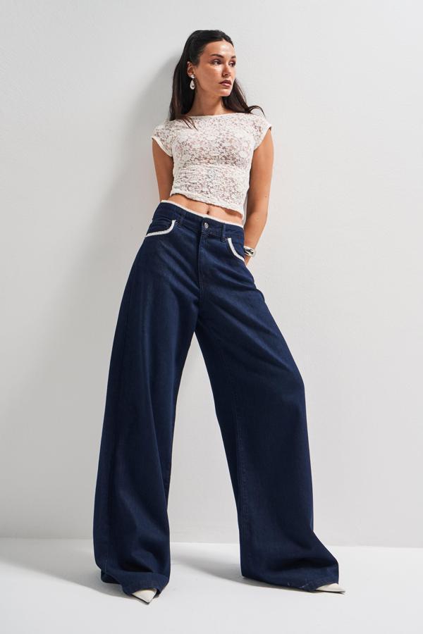 Kadın İndigo Renk 7s5-50 Palazzo Fit Dantel Detaylı %100 Koton Tasarım Denim Jean - Image 1