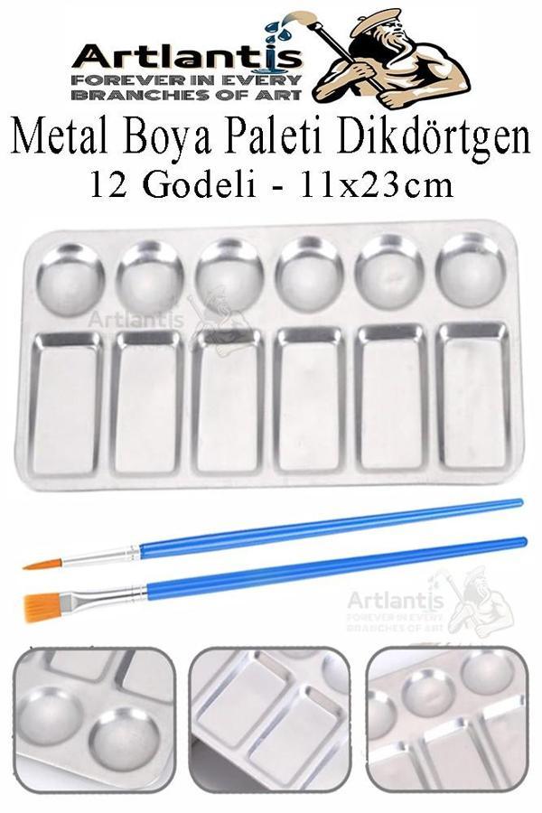 Dikdörtgen Metal Palet 1 Adet Metal Boya Paleti 12 Hazneli 11x23 cm Paslanmaz Resim Boyama Paleti Fırça Hediyeli - Image 1