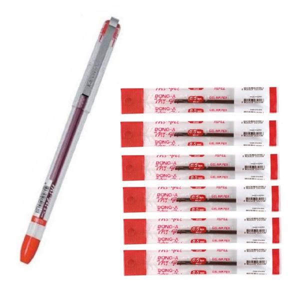 Kırmızı My Gel 0.5mm Ince Iğne Uçlu Jel Kalem 1 Adet ve Kalem Yedeği 6 Adet Dong-A My-jel Pilot Kalem Yedeği - Image 1