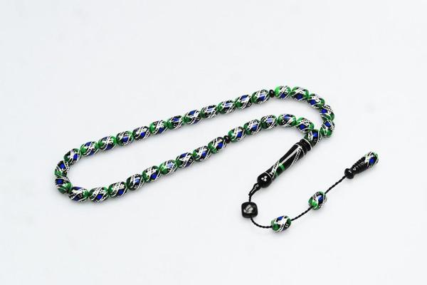 Oltu Taşı ve Yeşil Galalith  Çift Çeşmi İşlemeli Tespih - Image 1