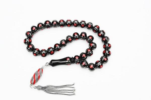 Oltu Sıkması Basık Model  Alpaka Karpuz Mercan İşlemeli Tespih - Image 1