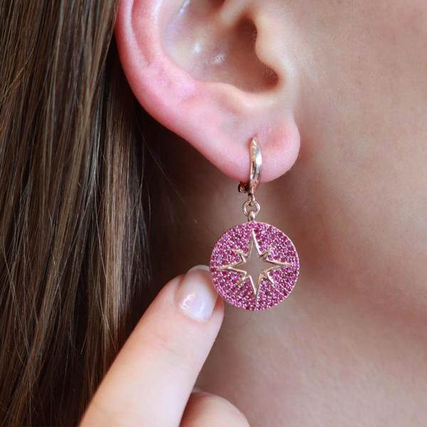 Fuşya Zirkon Taşlı Kutup Yıldızı Yuvarlak Rose Gold Kaplama Gümüş Küpe - Image 1