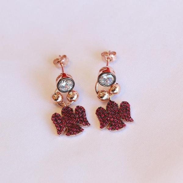 Fuşya Zirkon Taşlı Mini Melek Figürlü Rose Gold Kaplama Gümüş Küpe - Image 1