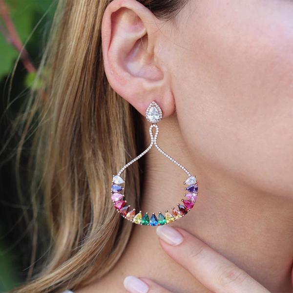 Renkli Zirkon Taşlı Damla Modeli Rose Gold Kaplama Gümüş Küpe - Image 1