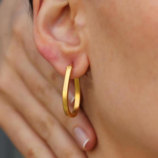 Elips Mat Gold Gümüş Halka Küpe - Image 1
