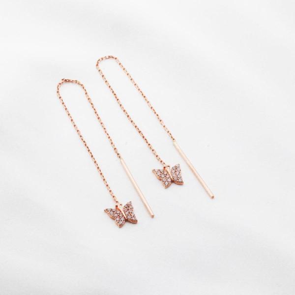 Kelebek Zirkon Taşlı Rose Gold Kaplama Gümüş Zincir Küpe - Image 1