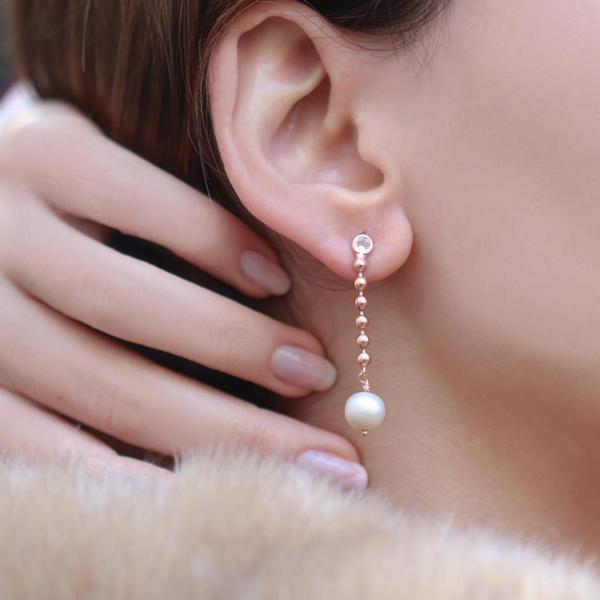 İnci Sallantılı Rose Gold Kaplama Gümüş Küpe - Image 1