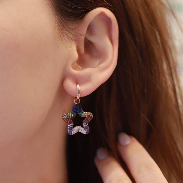 Renkli Zirkon Taşlı Rose Gold Kaplama Yıldız Gümüş Küpe - Image 1