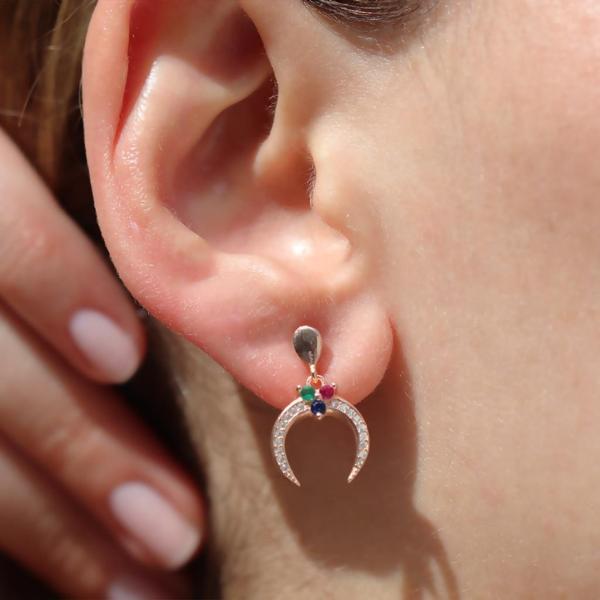 Rose Gold Kaplama Renkli Zirkon Taşlı Ay Modeli Gümüş Küpe - Image 1