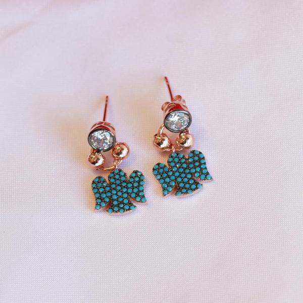 Turkuaz Taşlı Mini Melek Figürlü Rose Gold Kaplama Gümüş Küpe - Image 1