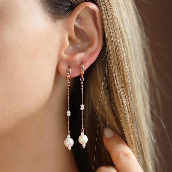 Sallantılı Rose Gold Kaplama İnci Gümüş Küpe - Image 1