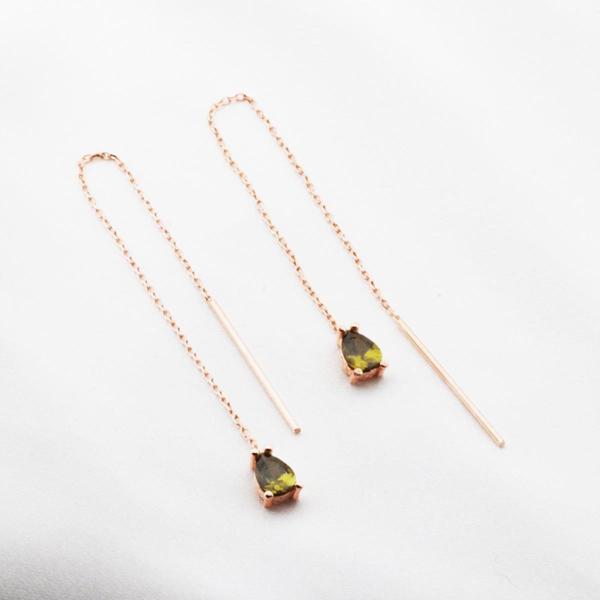 Damla Yeşil Zirkon Taş Rose Gold Kaplama Gümüş Zincir Küpe - Image 1