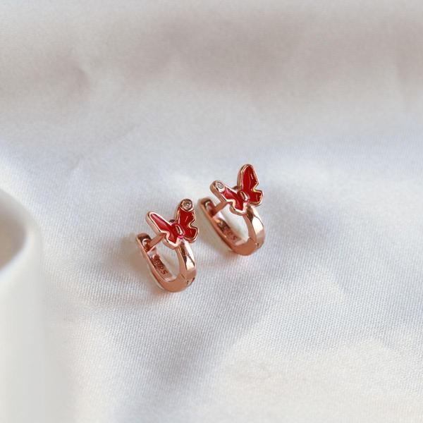 Kırmızı Kelebek Model Mini Zirkon Taşlı Rose Gold Kaplama Gümüş Çocuk Küpesi - Image 1