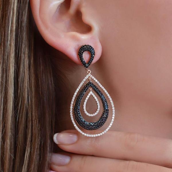 Siyah Zirkon Taşlı Rose Gold Kaplama Damla Model Gümüş Küpe - Image 1