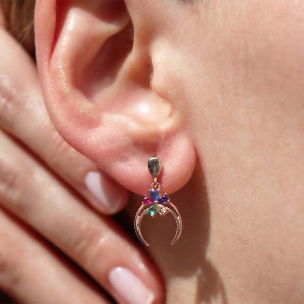 Renkli Zirkon Taşlı Çiçek Detaylı Ay Modeli Rose Gold Kaplama Gümüş Küpe - Image 1