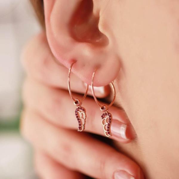 Melek Kanadı Fuşya Zirkon Taşlı Rose Gold Kaplama Gümüş Halka Küpe - Image 1
