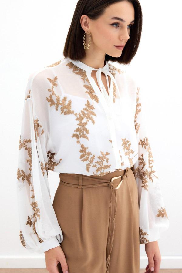 Nakışlı Şifon Gömlek - Camel - Image 1